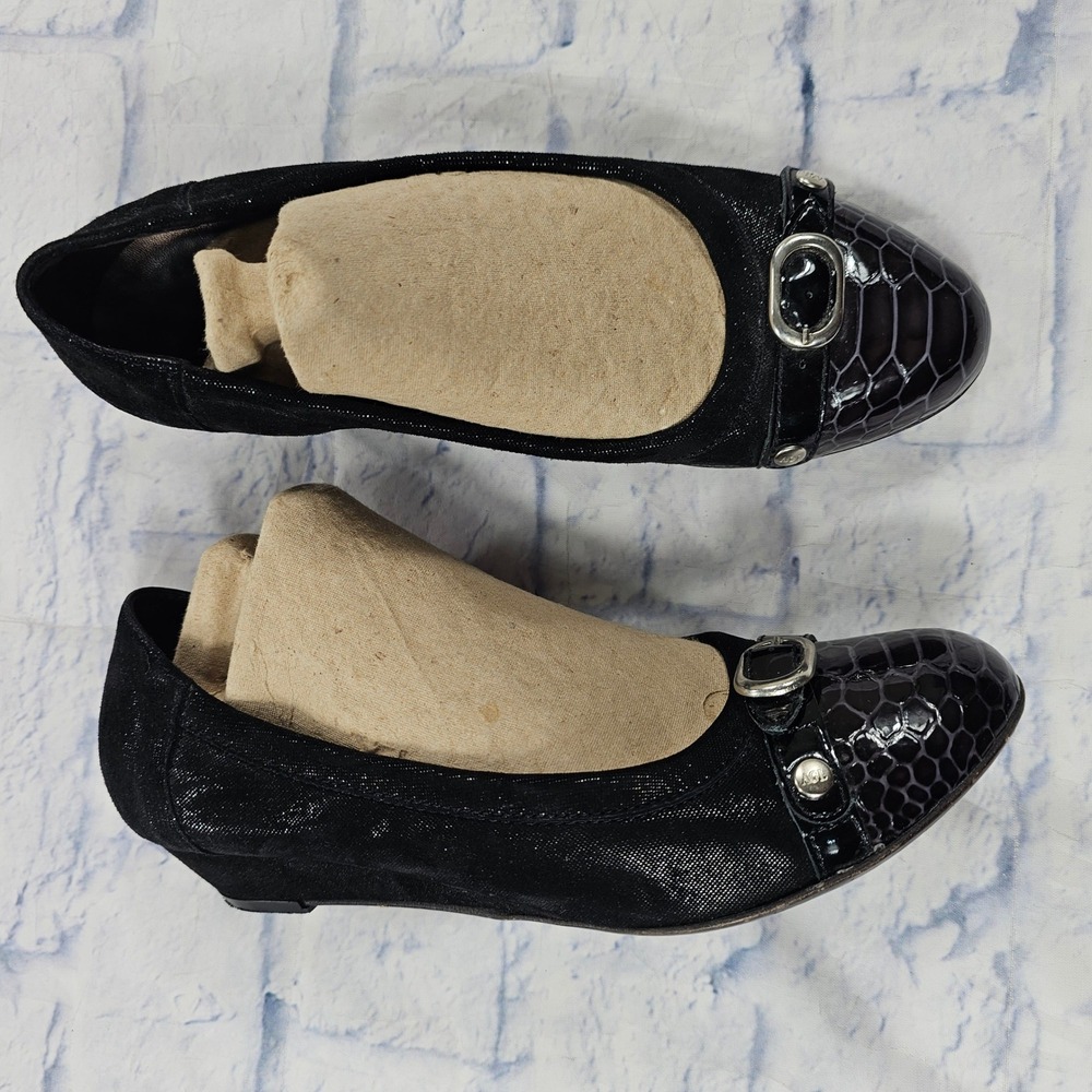 AGL Ballet Flats WomenS 38 US 8 Black Shimmer Suede Snakeskin Buckle Made Italy